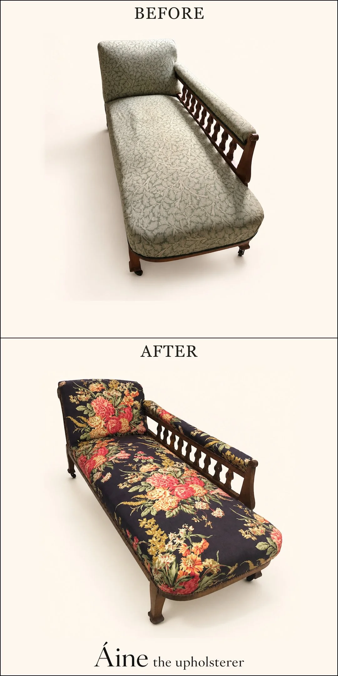 Chaise longue before and after reupholstery, changing from sage leaf-patterned fabric to dark floral upholstery while retaining its wooden frame and castor feet.