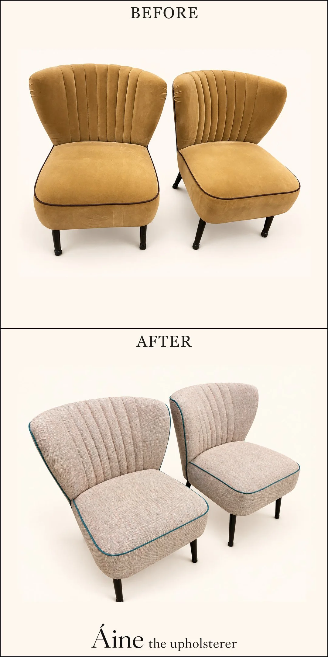 Cocktail Chairs before and after reupholstery, changing from mustard fabric to pale textured upholstery with blue-green piping.