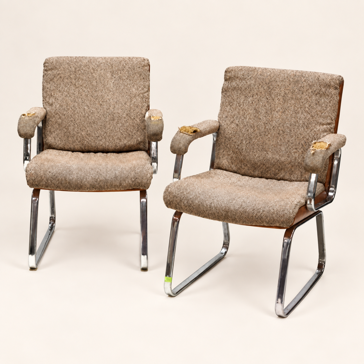 Gordon Russell Mid-Century Office Chairs before reupholstery, with plain fabric and worn arm upholstery.