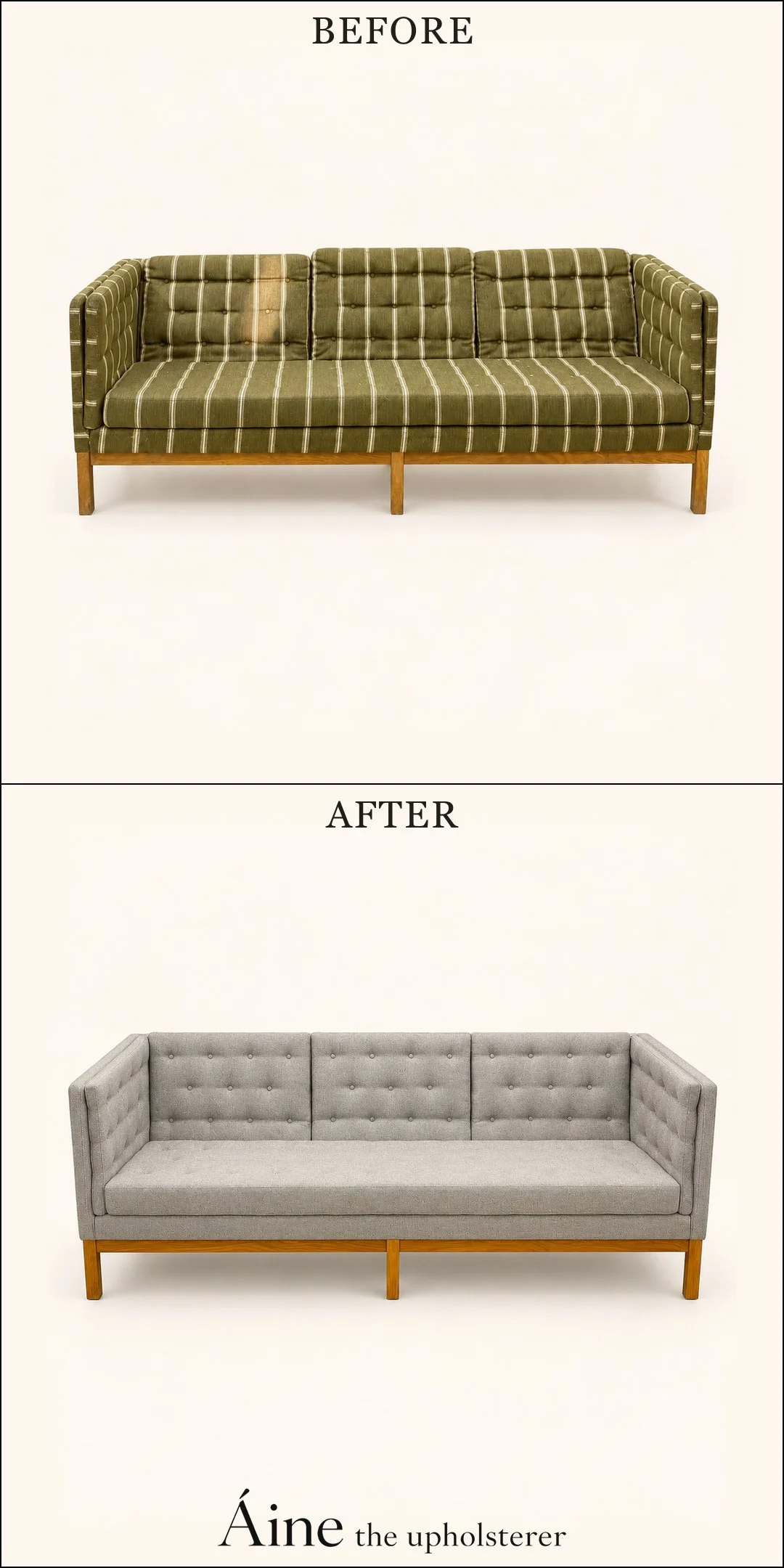 Wooden-frame sofa before and after reupholstery, changing from green striped fabric to grey upholstery with buttoned back and sides.