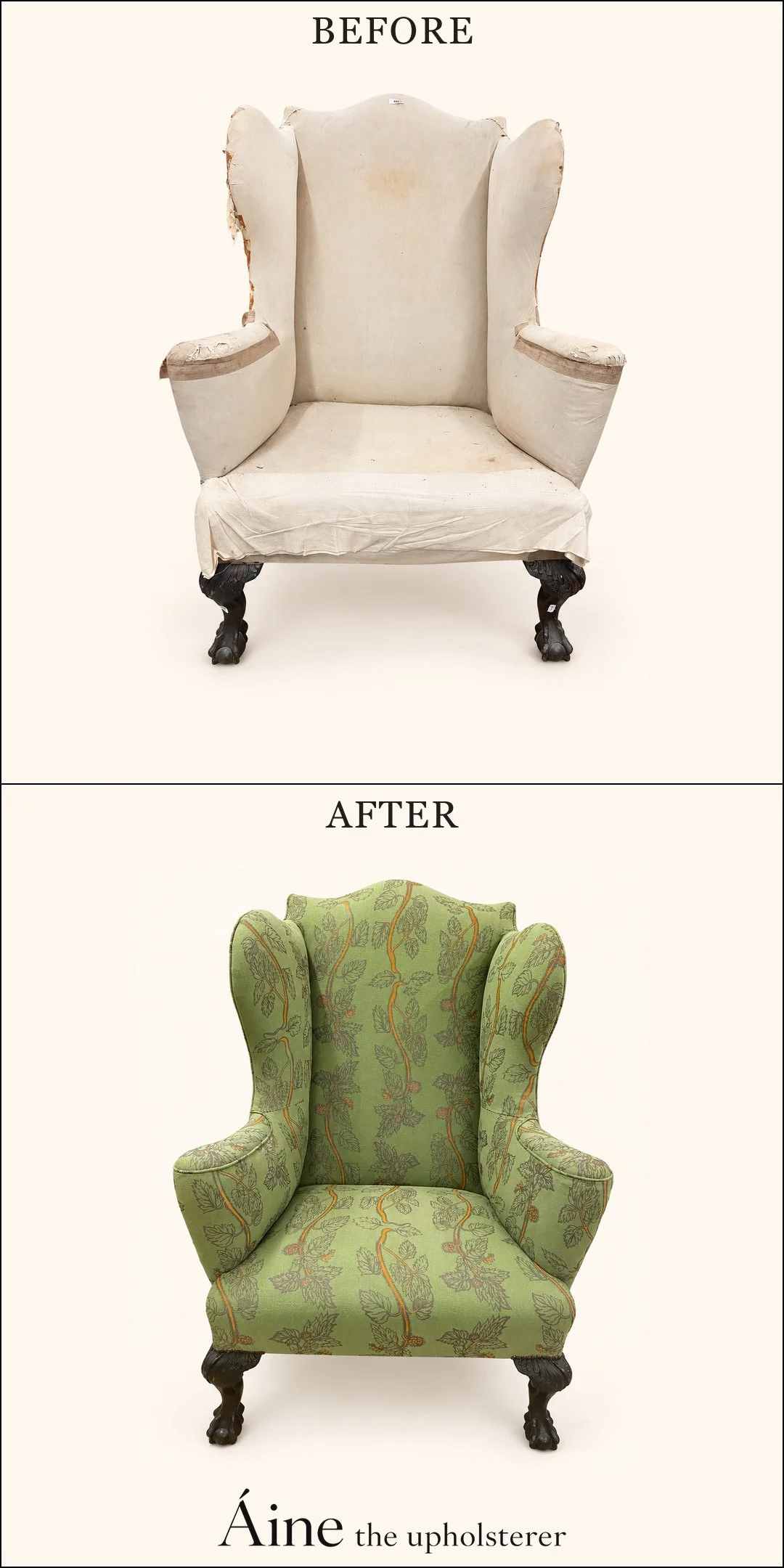 Carved wingback chair before and after reupholstery, changing from worn cream fabric to green patterned upholstery while retaining its dark carved wooden legs.