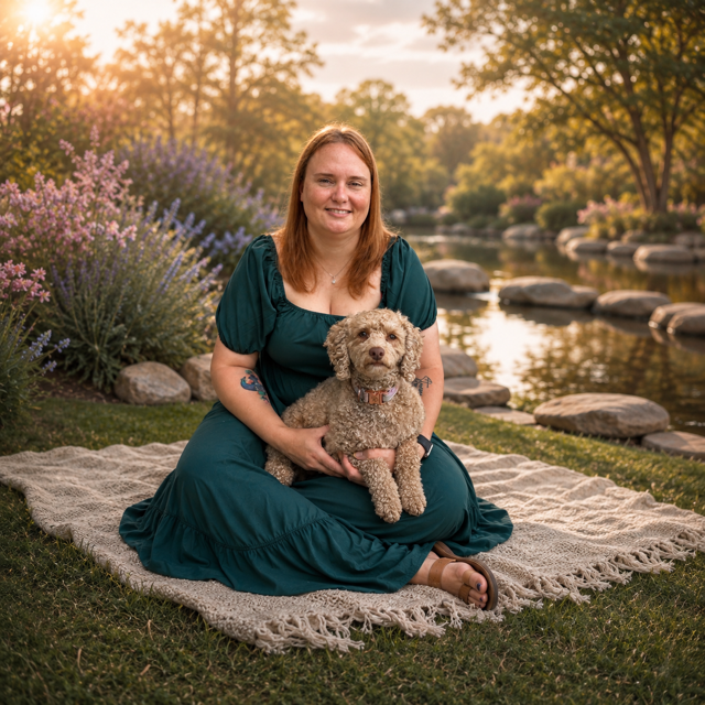 A woman sitting on a blanket outdoors by a river, holding a curly-haired dog, with trees and flowering bushes in the background during sunset.