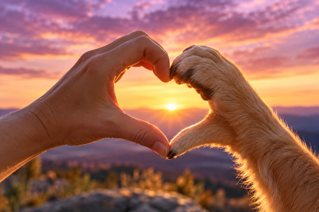 A human hand and a dog's paw forming a heart shape against a sunset sky with clouds and mountains in the background.