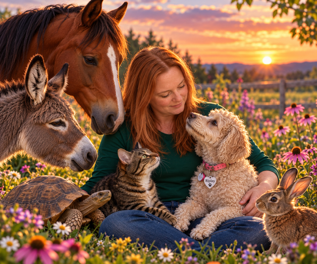 A woman sitting in a flower-filled field at sunset, surrounded by a horse, donkey, turtle, kitten, rabbit, and a dog with a collar, all looking at each other affectionately.