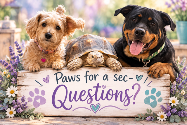 Two dogs and a turtle behind a sign that says 'Paws for a sec - Questions?', surrounded by flowers.