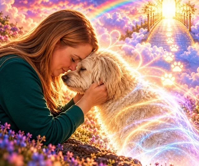 A woman and a dog touching foreheads with a colorful, fantasy background featuring a rainbow, clouds, and a glowing bridge leading to a bright light.