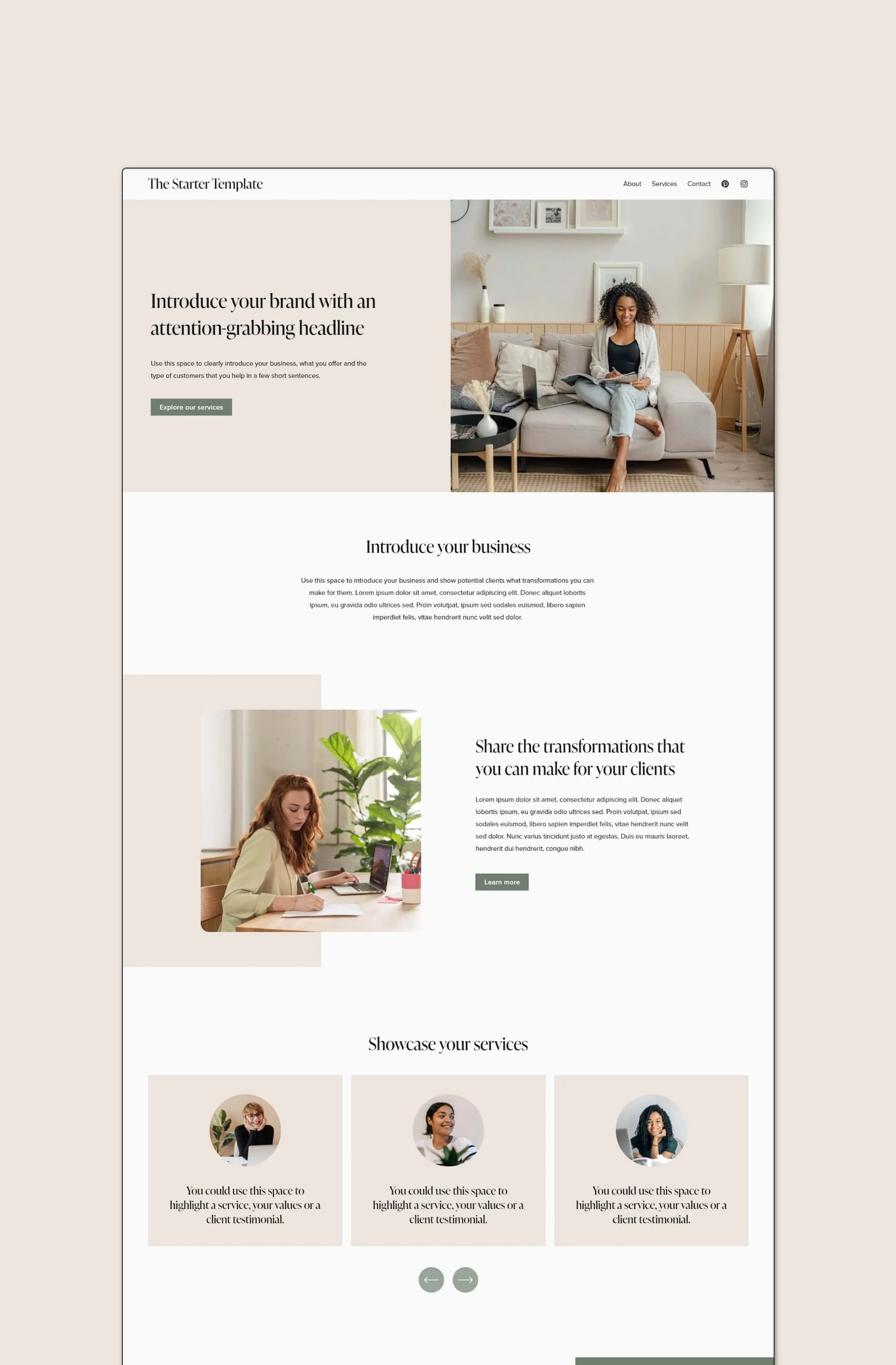 A webpage design template called 'The Starter Template' featuring sections for home page introduction, services, and client testimonials with images of women working and relaxing in home and office settings.