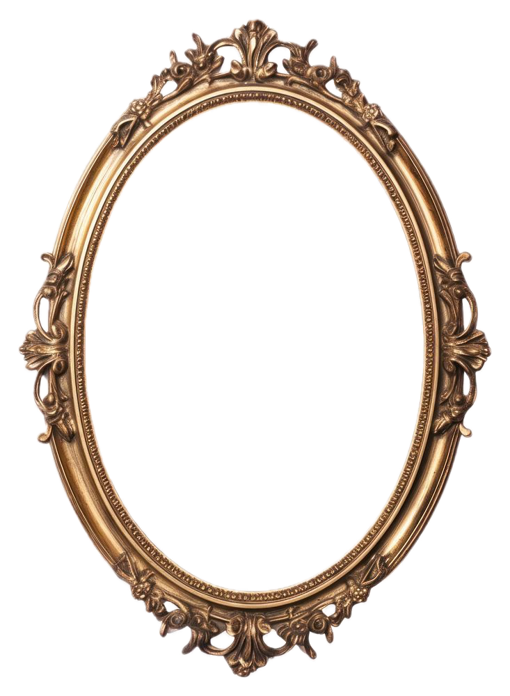 An ornate, gold-colored oval mirror with intricate floral and scroll designs in a baroque style.