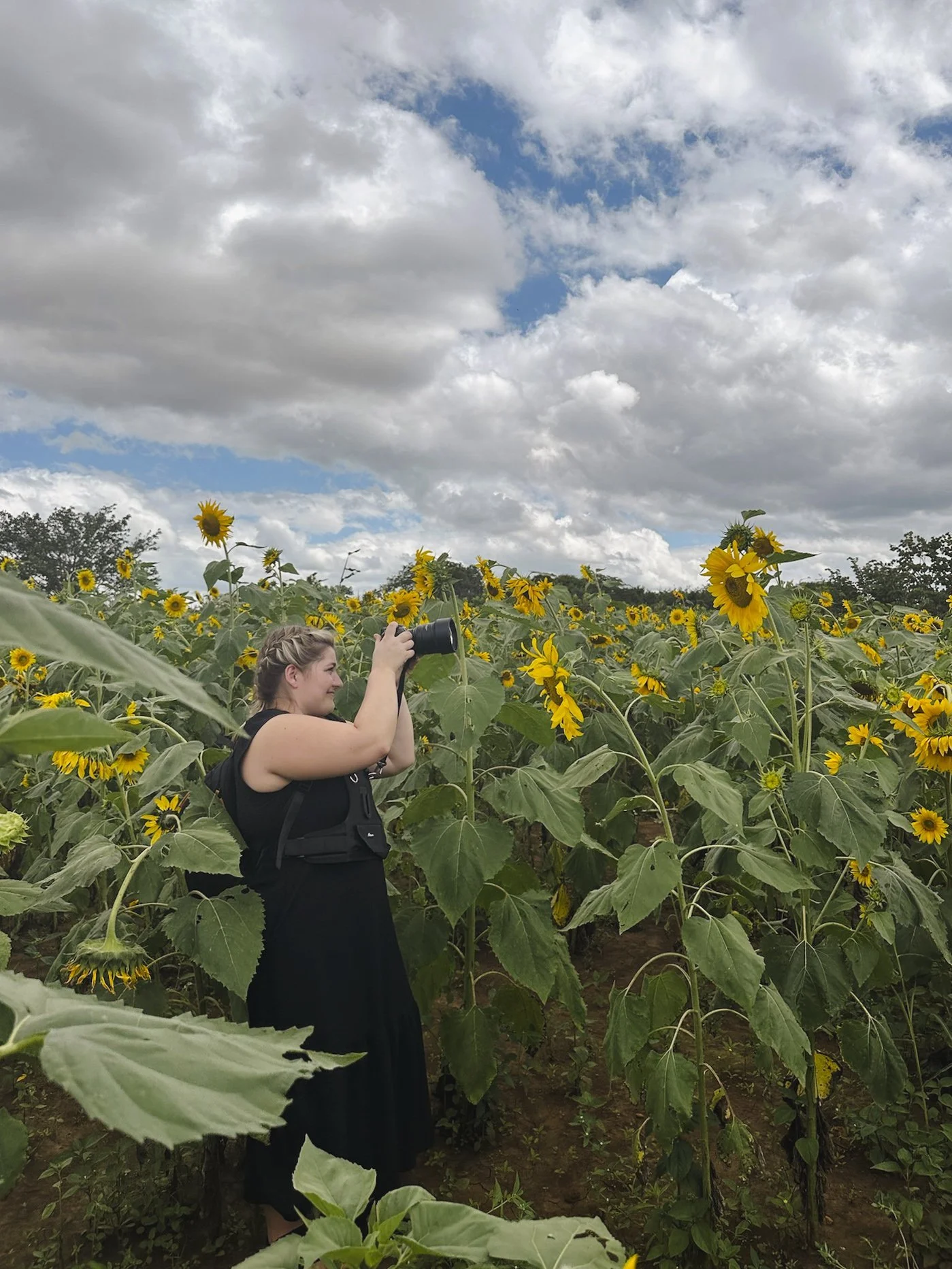 A woman with braided hair, wearing a black sleeveless top and a black skirt, standing in a sunflower field, holding a camera up to her face, with a partly cloudy sky in the background.
