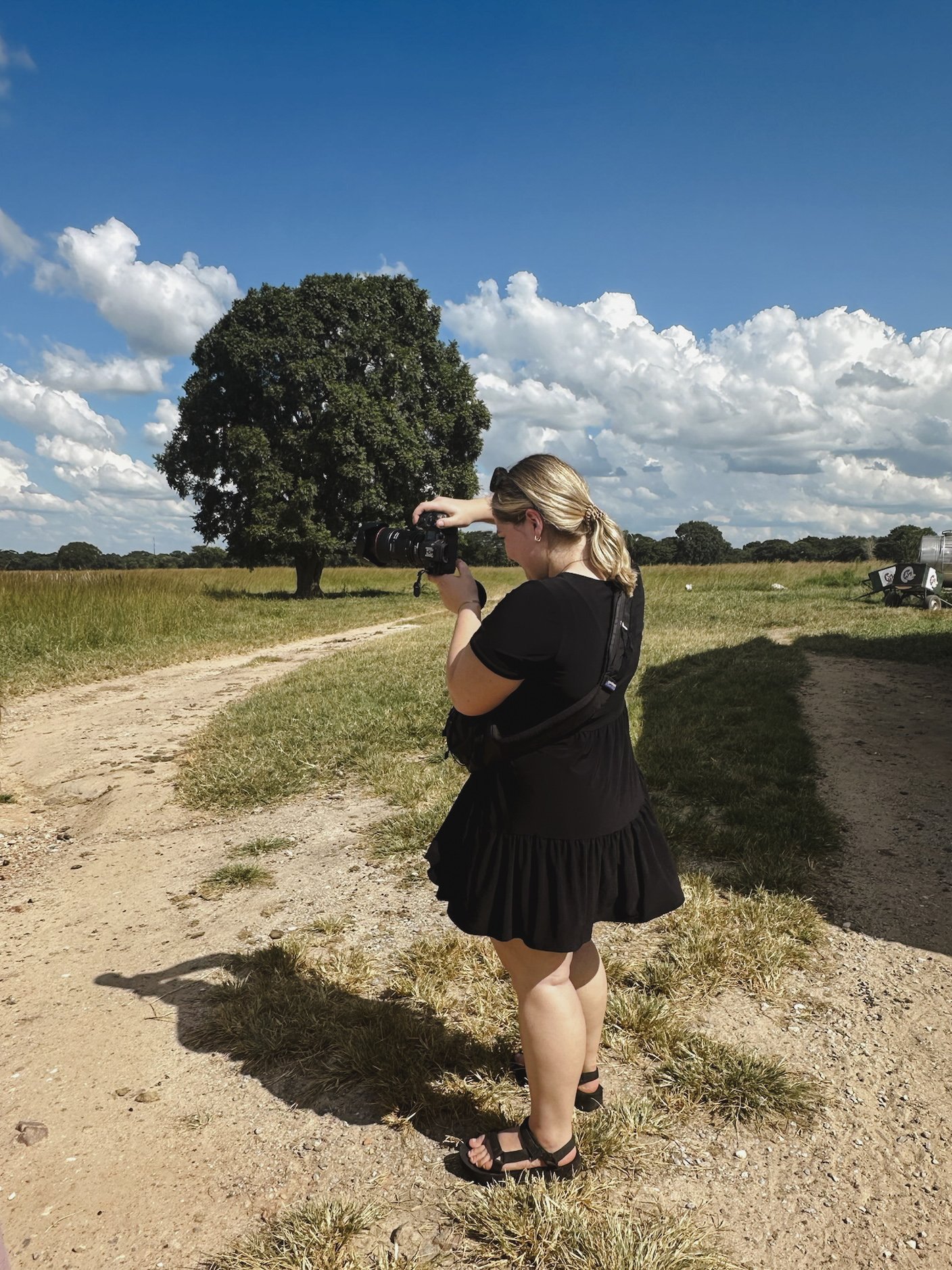 A woman with blonde hair in a ponytail wearing a black dress and sandals taking a photo with a camera in a rural outdoor setting. There is a large tree in the background under a partly cloudy sky, with a dirt path and grassy areas.