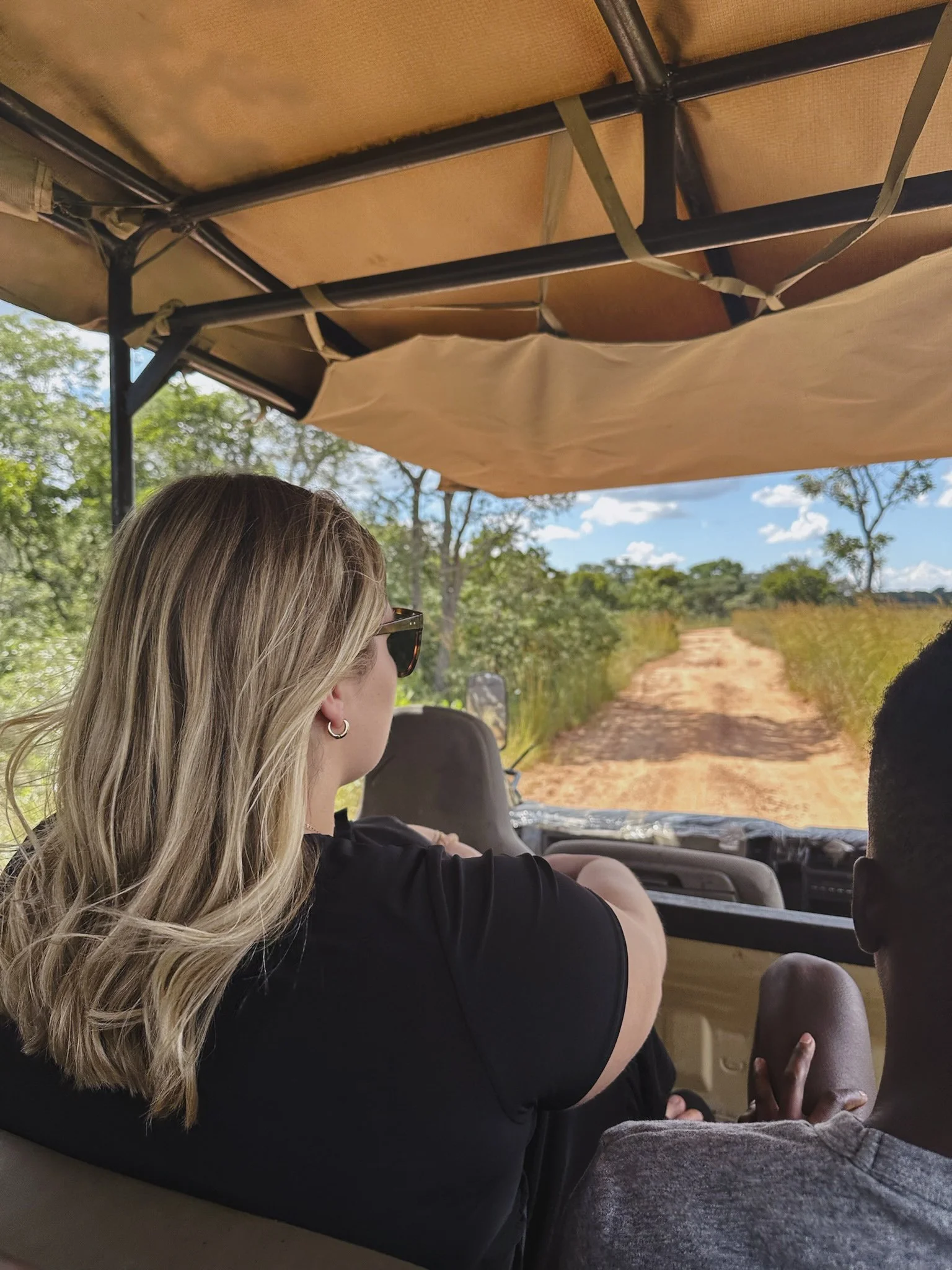 People riding in an open-air vehicle on a dirt road surrounded by trees and blue sky.
