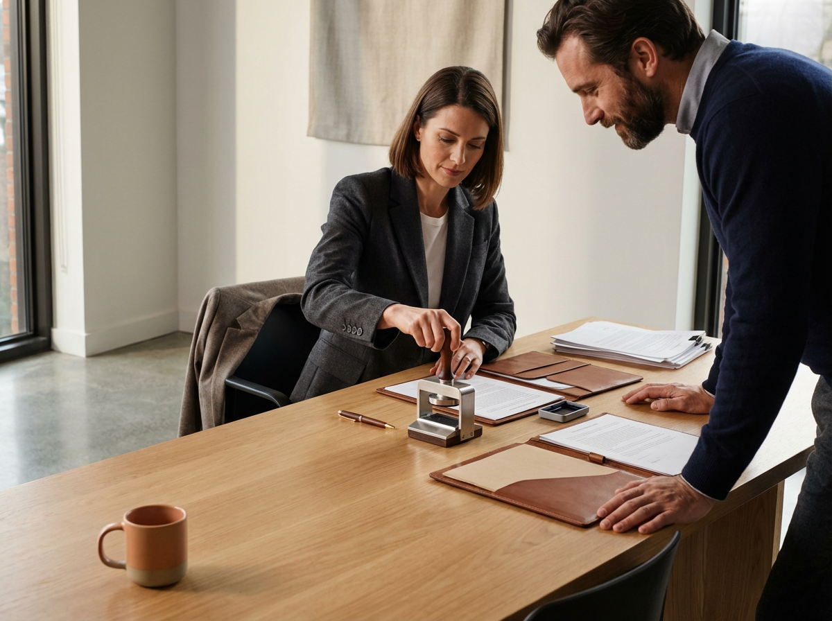 A woman in a gray blazer and a man in a dark sweater are working with a stamp on a wooden table in a modern office. The woman is pressing the stamp onto a document, and the man is observing from the side. The table has several stacks of papers, folders, a pen, a smartphone, and a coffee mug. The office has large windows, a coat draped over a chair, and a neutral-colored wall.
