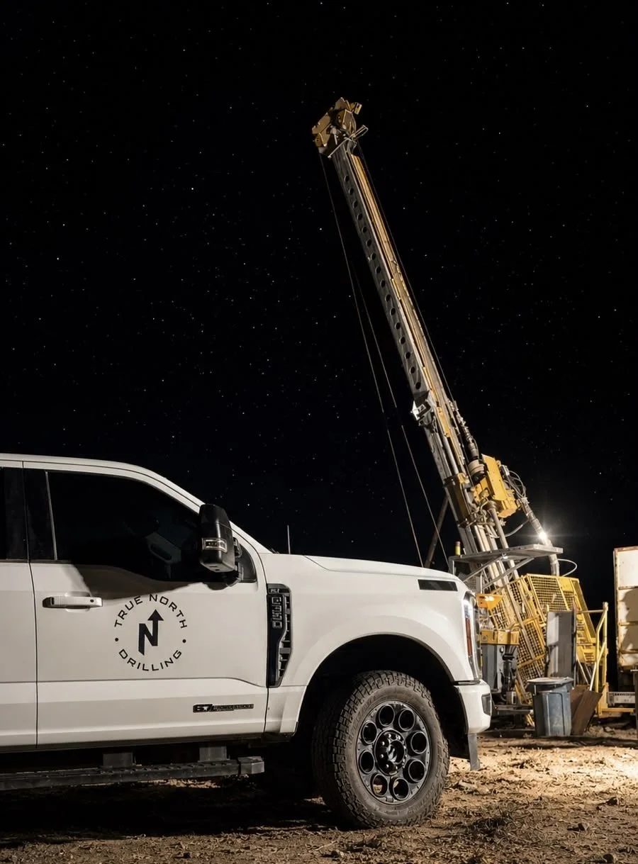 A white truck with the logo 'True North Drilling' and a black north arrow on its door, parked on dirt ground at night. Next to it is a large yellow drilling rig extending into the starry night sky.