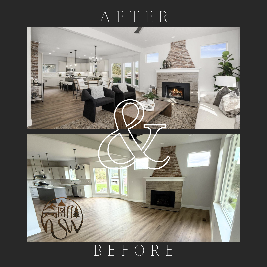 Before and after of an open‑concept living and dining area: staged with dark chairs, a stone fireplace and décor versus the same room empty with bare floors.