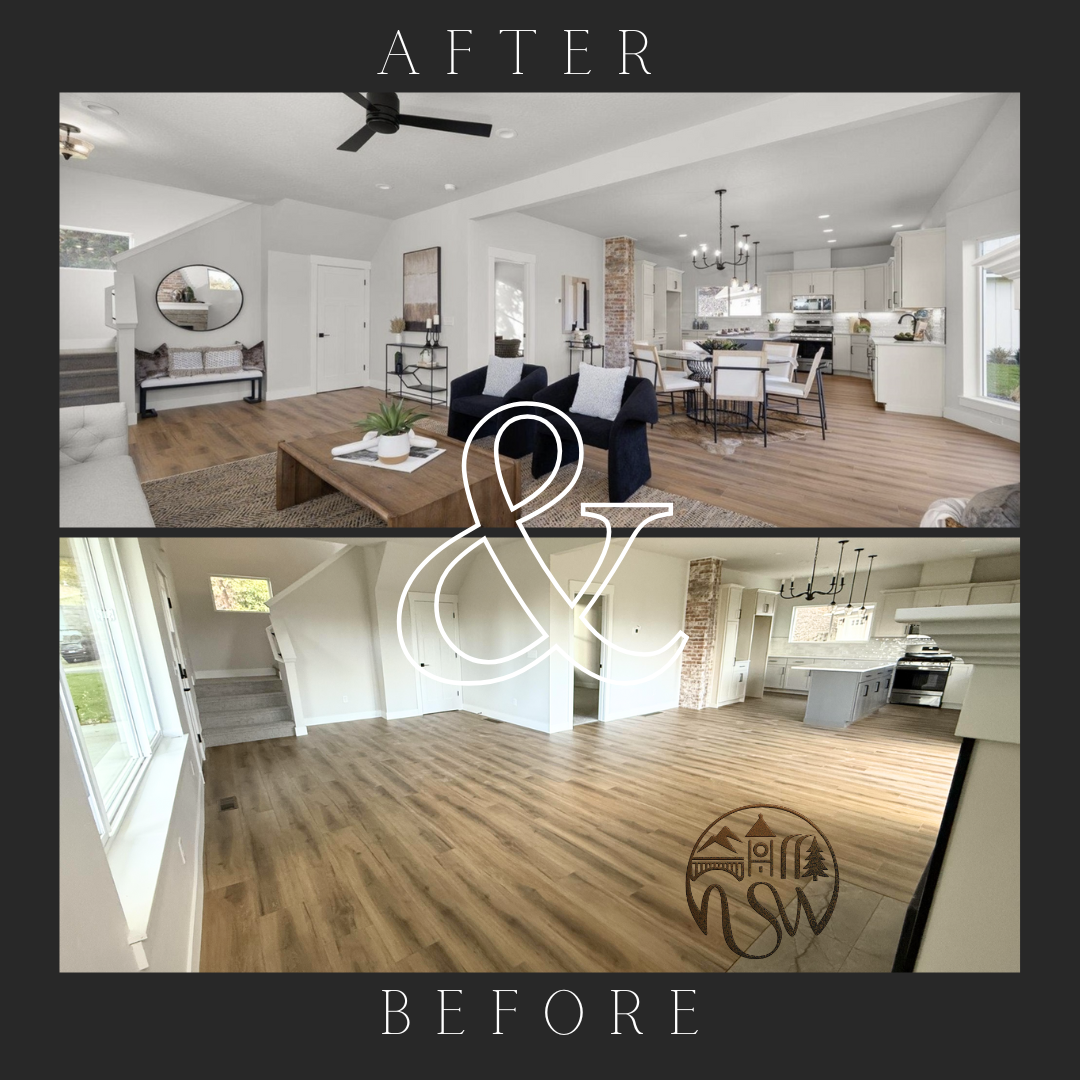 Before and after of a large living/dining space with a modern kitchen: staged with neutral furniture and accessories versus empty hardwood floors.