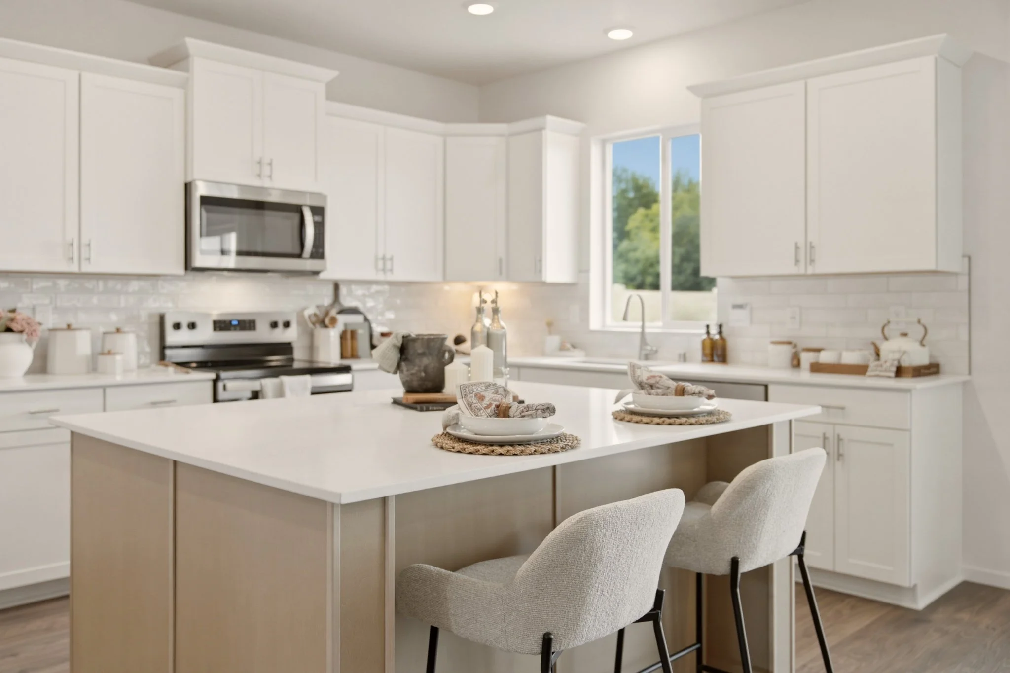 A light kitchen with white cabinetry and soft cream counter seating. Styling by Home Staging Works.