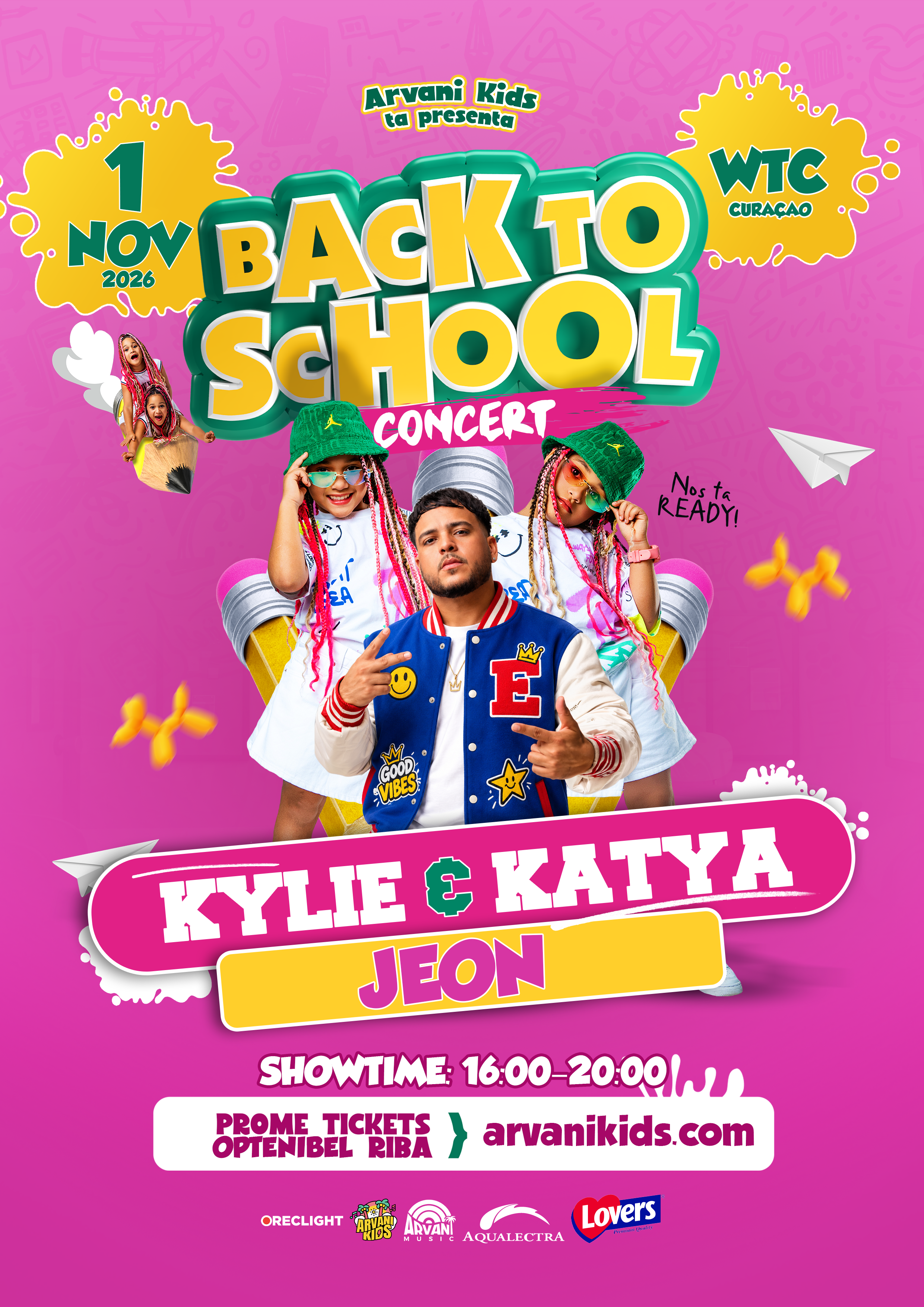 Colorful poster advertising a back to school concert on November 1, 2026, at WTC Curaçao, organized by Arvani Kids. The poster features a group of children and a young man posing against a pink background decorated with playful doodles, books, and paper airplanes, promoting the event with details about showtime and ticket information.