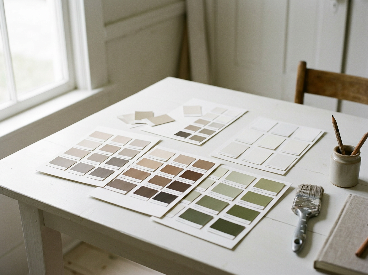 Paint color swatches and samples on a white table in a room with natural light.