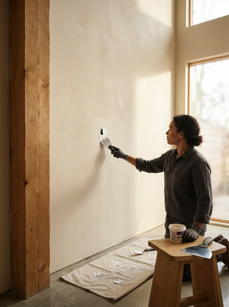 A person working on a wall, applying plaster or drywall compound with a trowel in a well-lit room with large windows.