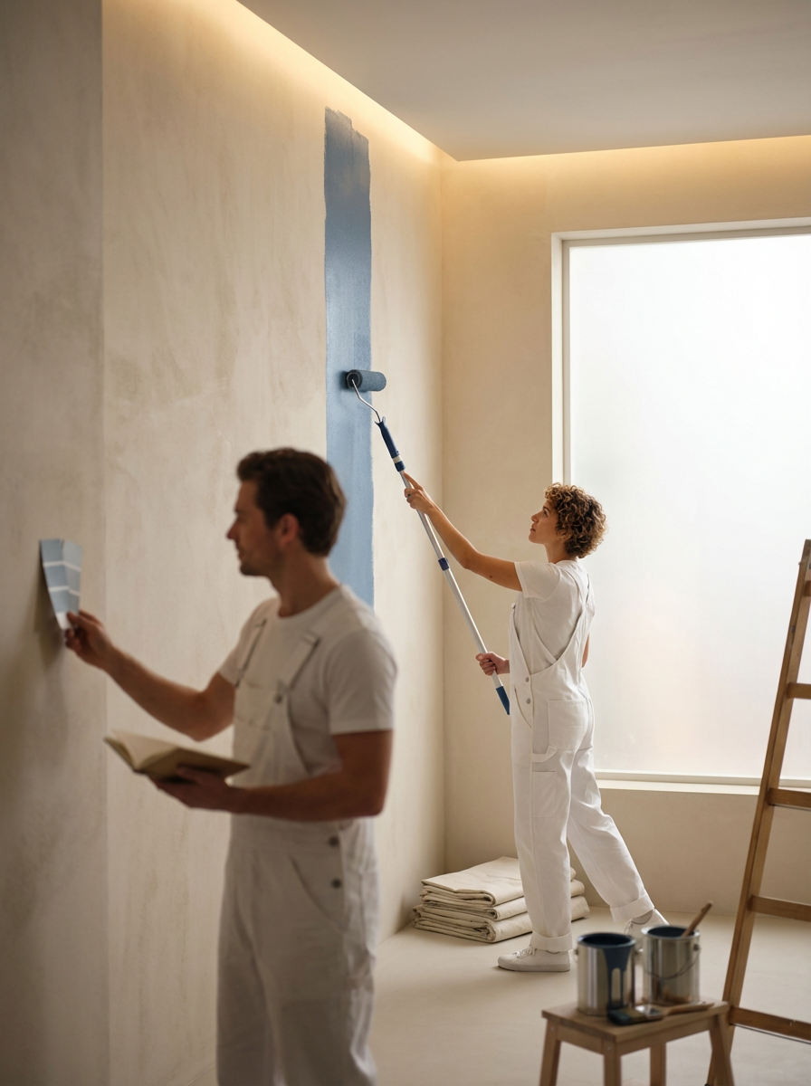 Two people painting a wall light blue in a room with a large window. One person is using a roller on an extension pole while the other is holding a color swatch and a book, standing nearby with paint cans and a ladder.