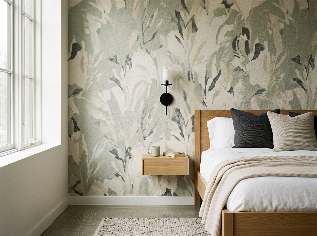 A bedroom with a window, a wooden bed frame, and a wall with floral wallpaper. There are pillows on the bed, a beige blanket, and a small floating wooden nightstand with a mug and a closed book. A black wall-mounted sconce with a candle is above the nightstand.