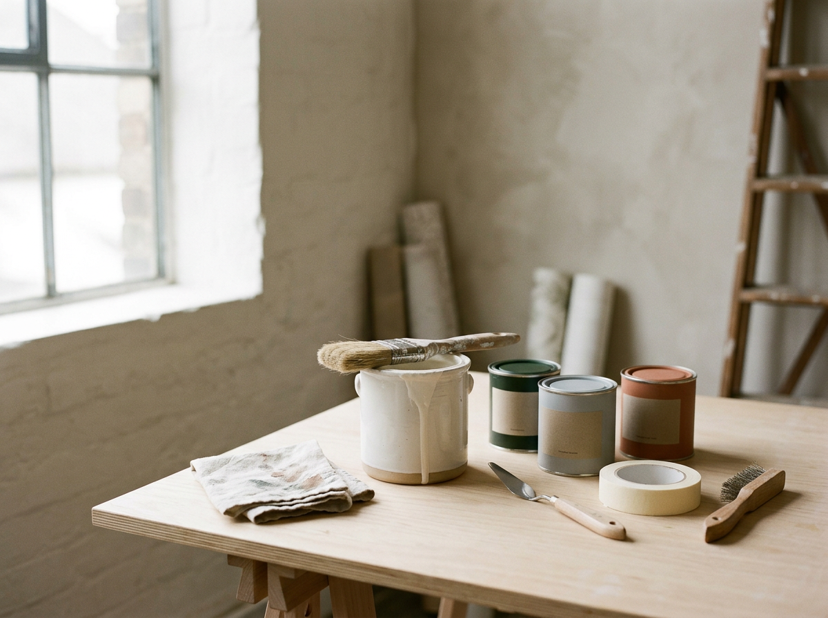 Painting supplies on a wooden table, including paint cans, brushes, a palette knife, and a cloth, inside a sunny room with a window.