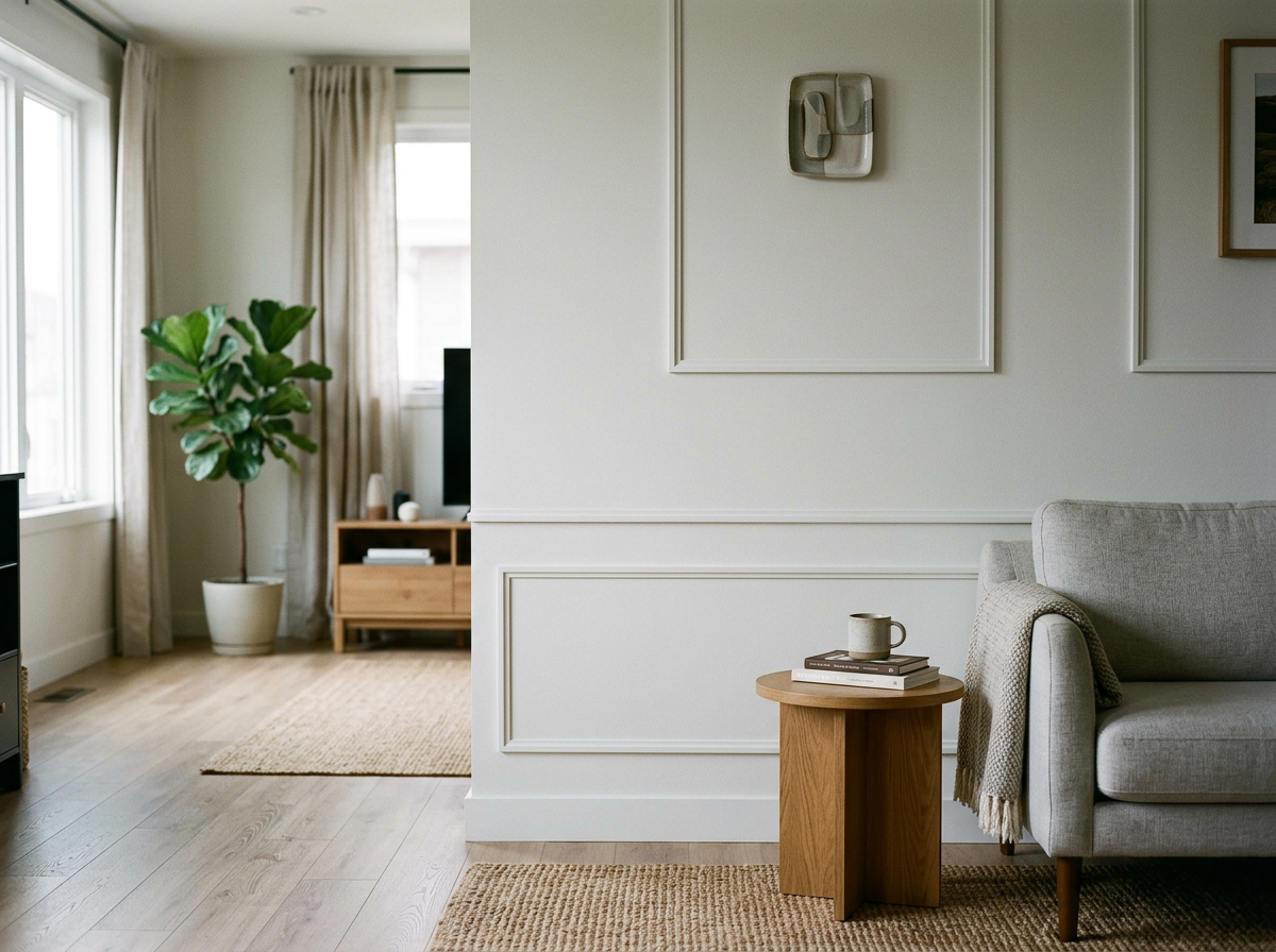Living room with a gray sofa, a small round wooden side table with a coffee mug and books, a large potted plant, a TV stand with a TV, curtains, and framed artwork on the wall.