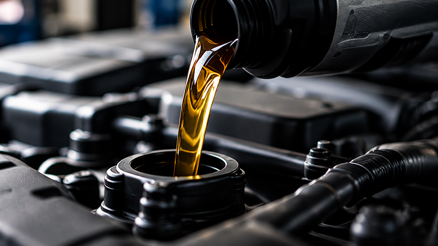 Motor oil pouring into an engine.