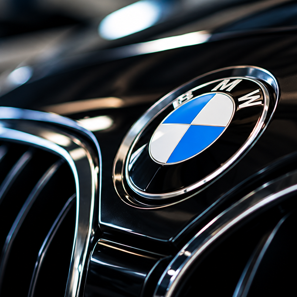 Close-up of a BMW logo on a black car grill.