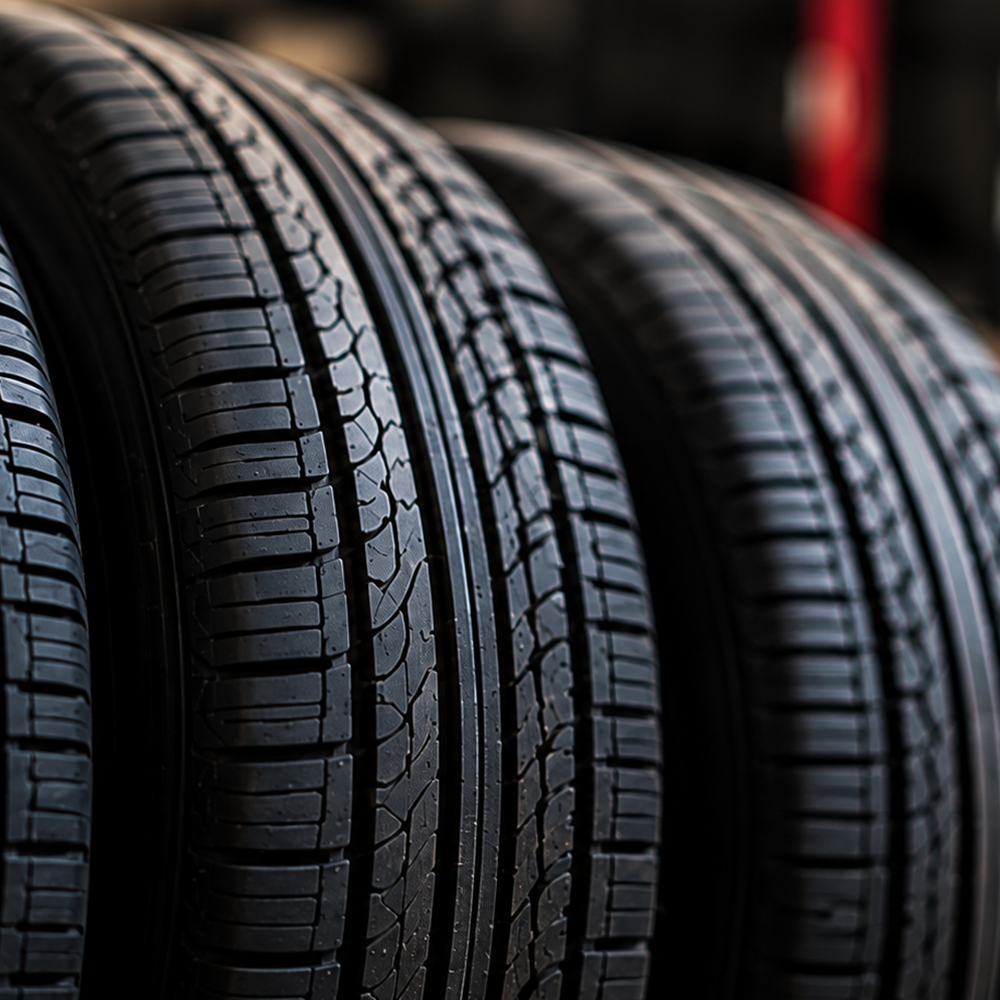 Close-up of stacked black car tires with detailed tread patterns.