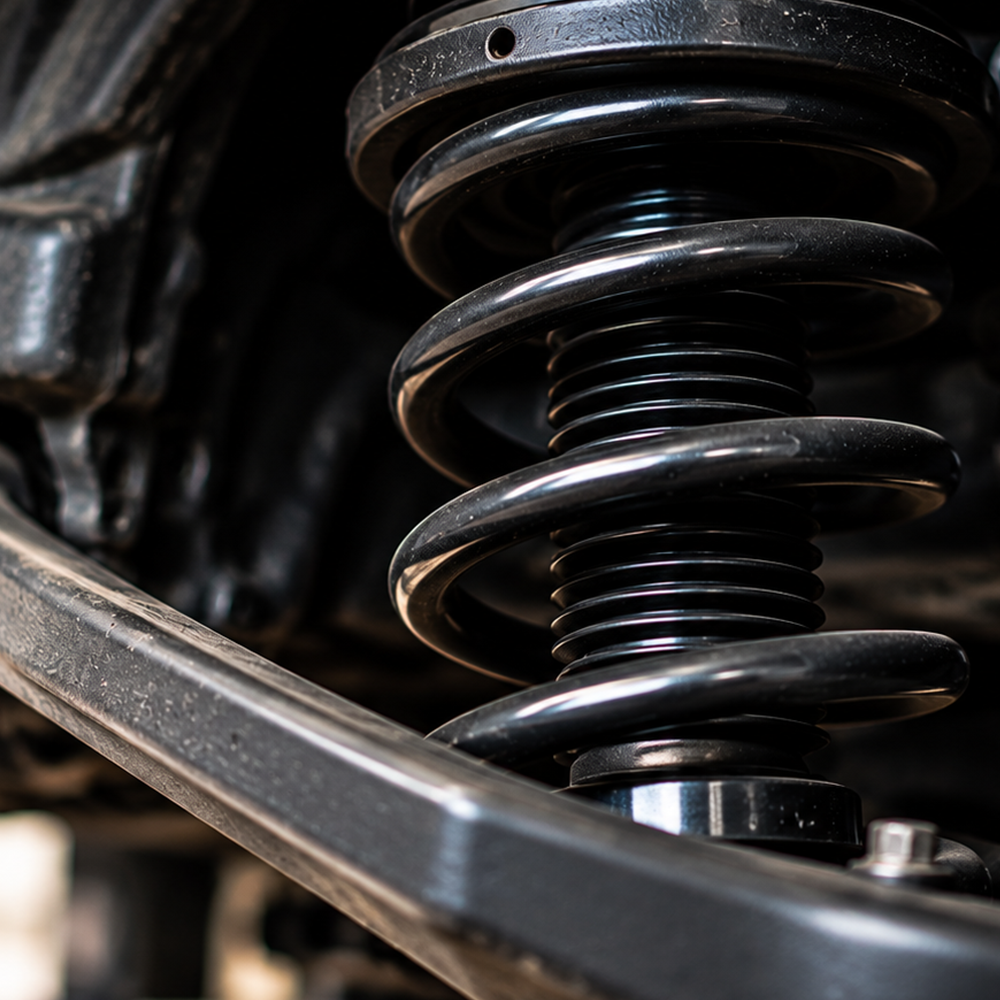 Close-up of a black automotive suspension coil spring and shock absorber.