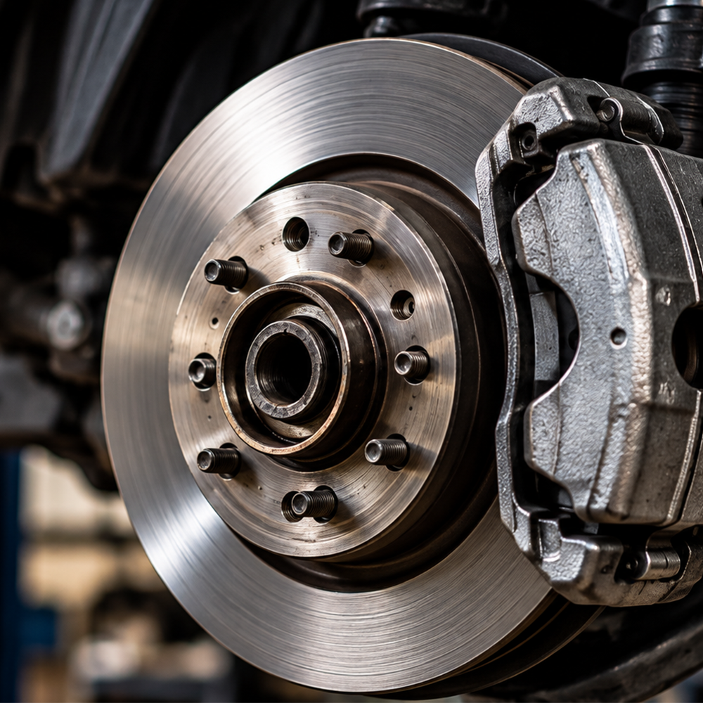 Close-up of a car brake disc and caliper assembly, showing the shiny metal disc with five bolt holes and a textured brake caliper.