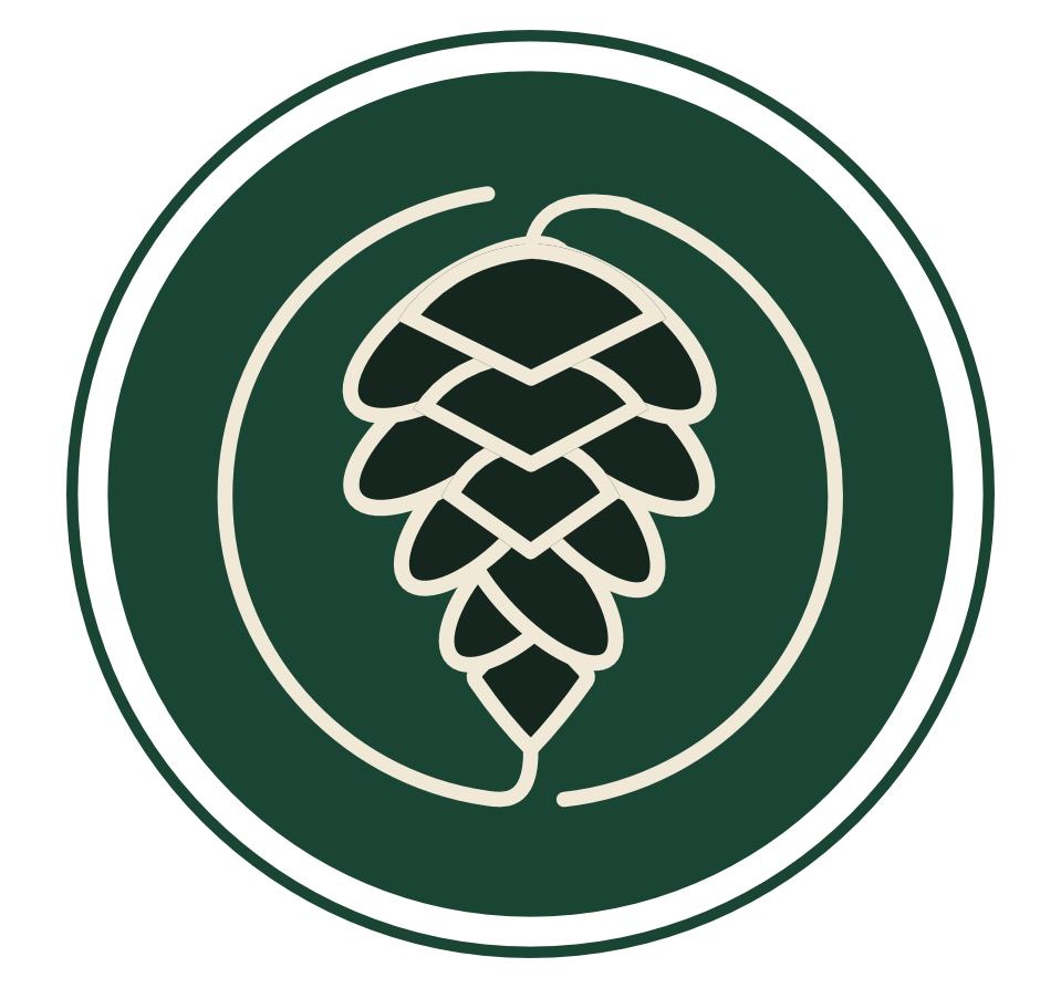 Evergreen pinecone emblem in dark green and cream