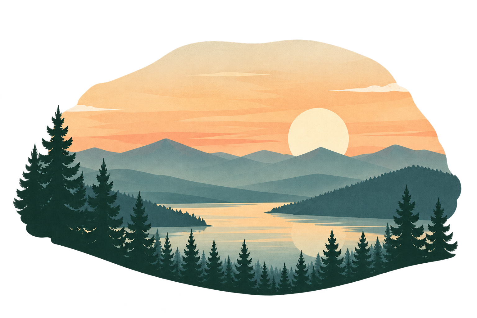 Illustration of a mountain lake at sunset framed by evergreen trees