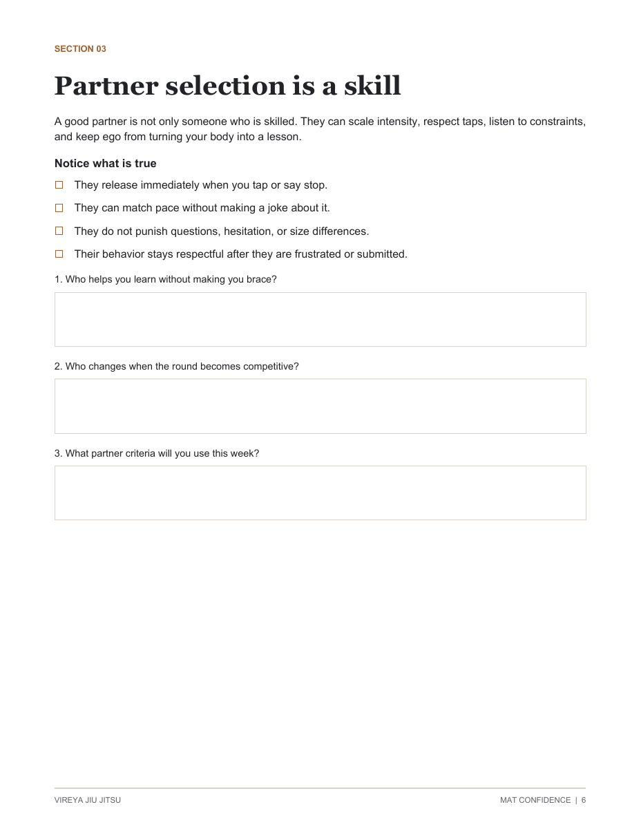 Inside Mat Confidence: Partner selection is a skill. Page 6 includes observable partner behaviors and three fillable reflection questions.