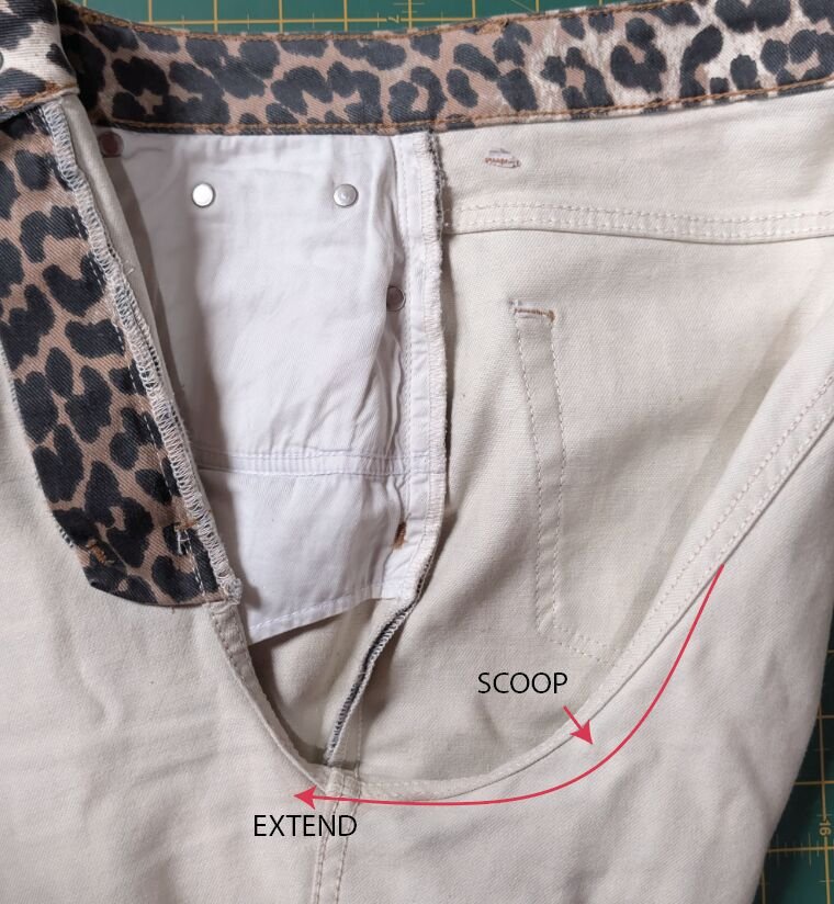 Jeans turned inside out showing the back rise seam, marked to scoop the curve and extend the rise at the fork to fix waist gap