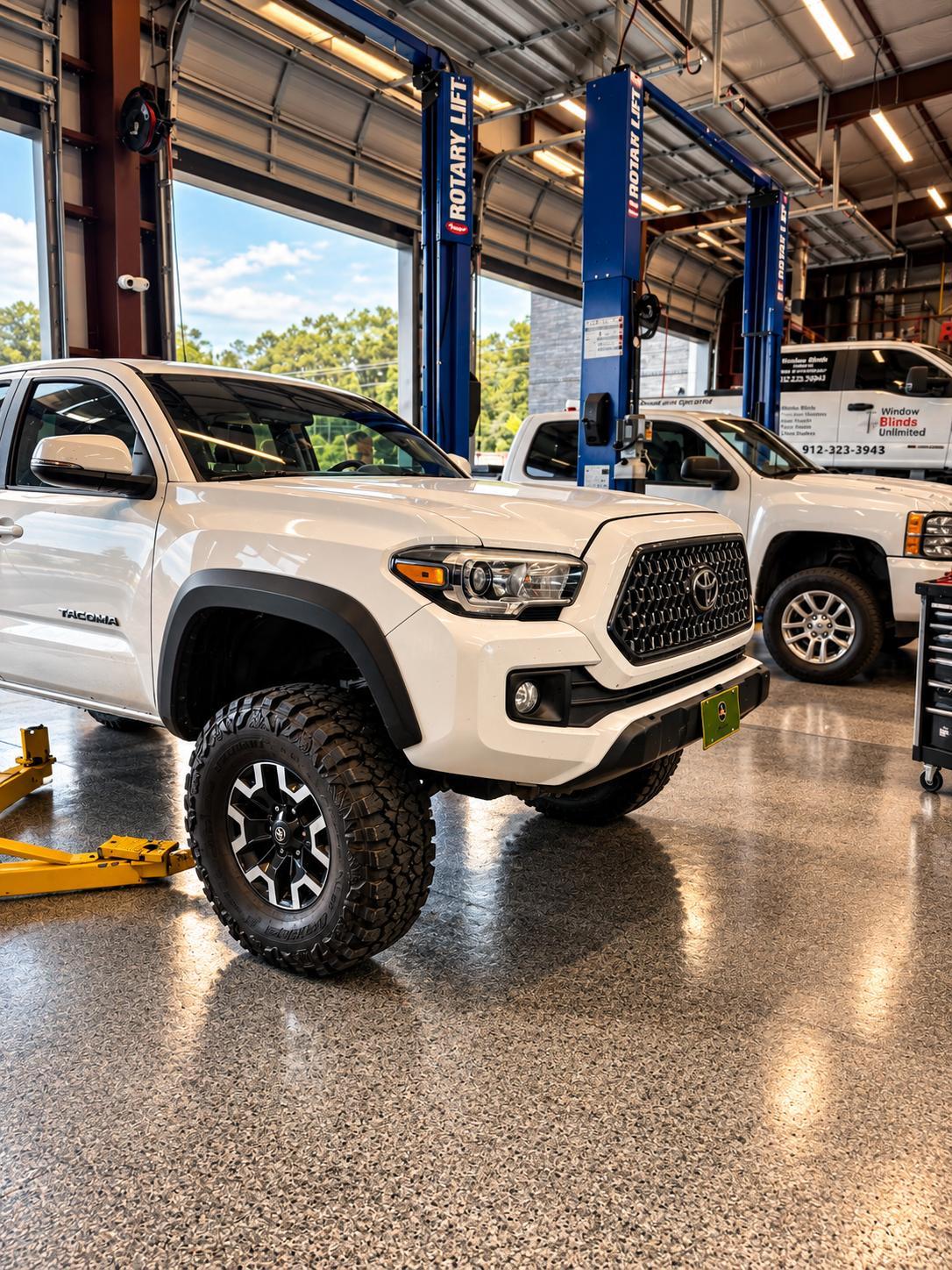 A white Toyota Tacoma pickup truck inside an auto repair shop, with a blue hydraulic lift and another white truck in the background.