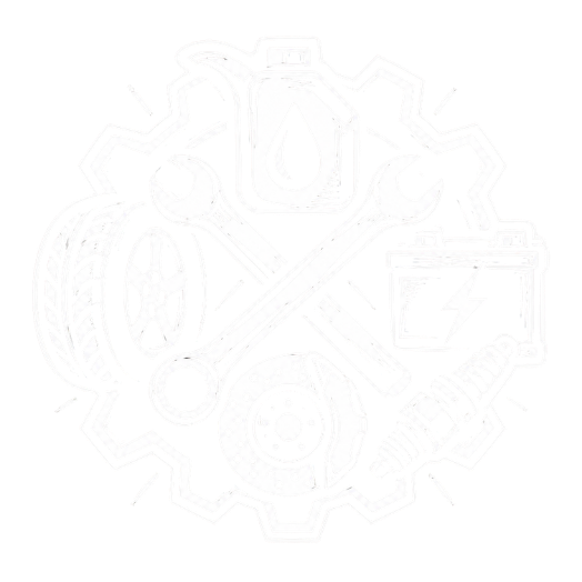 An illustration of automotive repair tools and parts, including a gear, wrench, fluid container, car battery, spark plug, tire, and brake disc, arranged in a circular pattern.