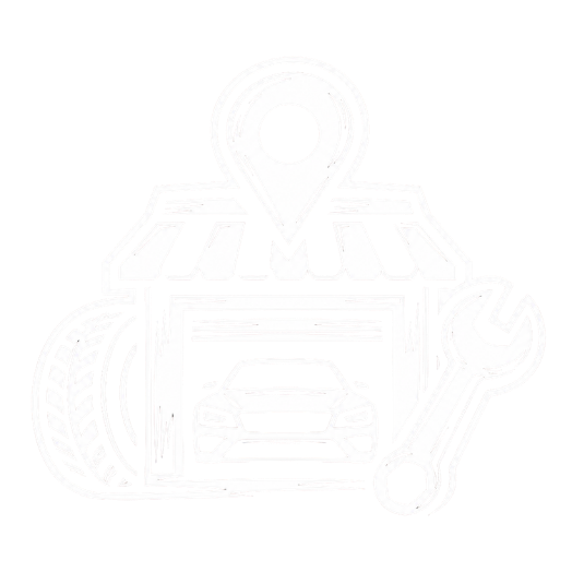 Icon of a car inside a garage with a location pin above, a tire on the side, and a wrench in front, representing auto repair and location services.