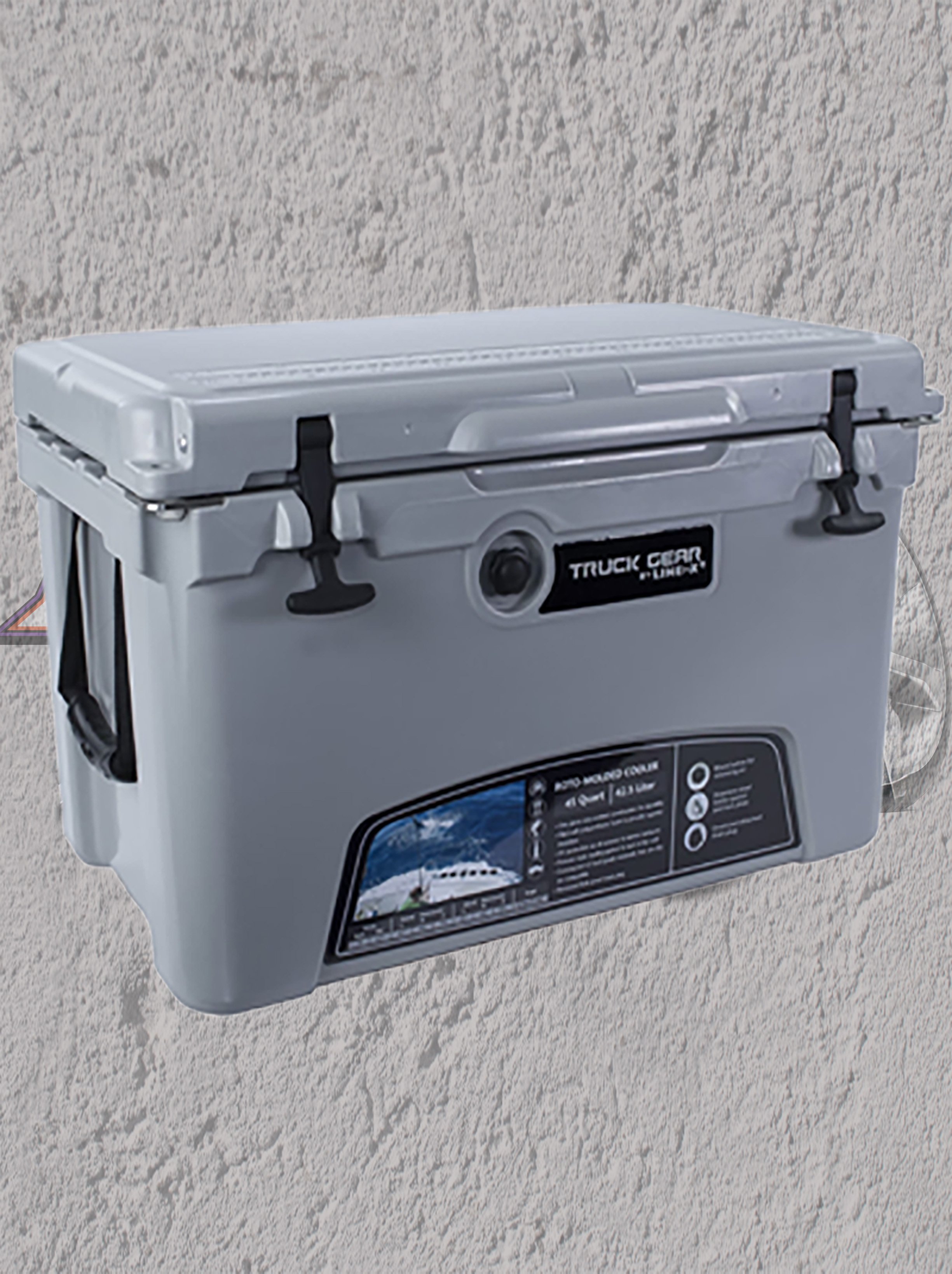 Gray portable cooler with black straps with Davis Tire logo