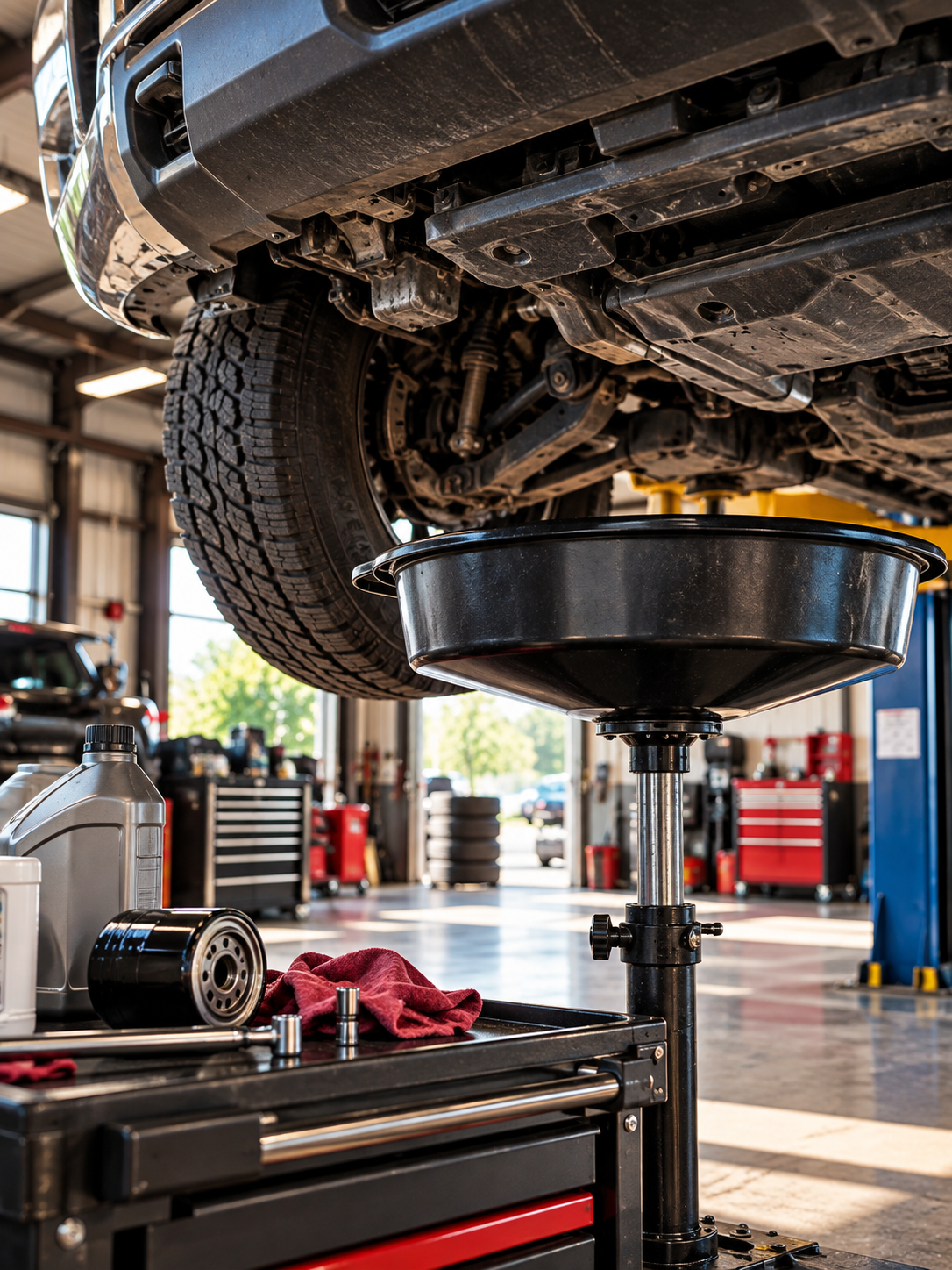 A car is lifted in a garage for maintenance with tools and oil container nearby.