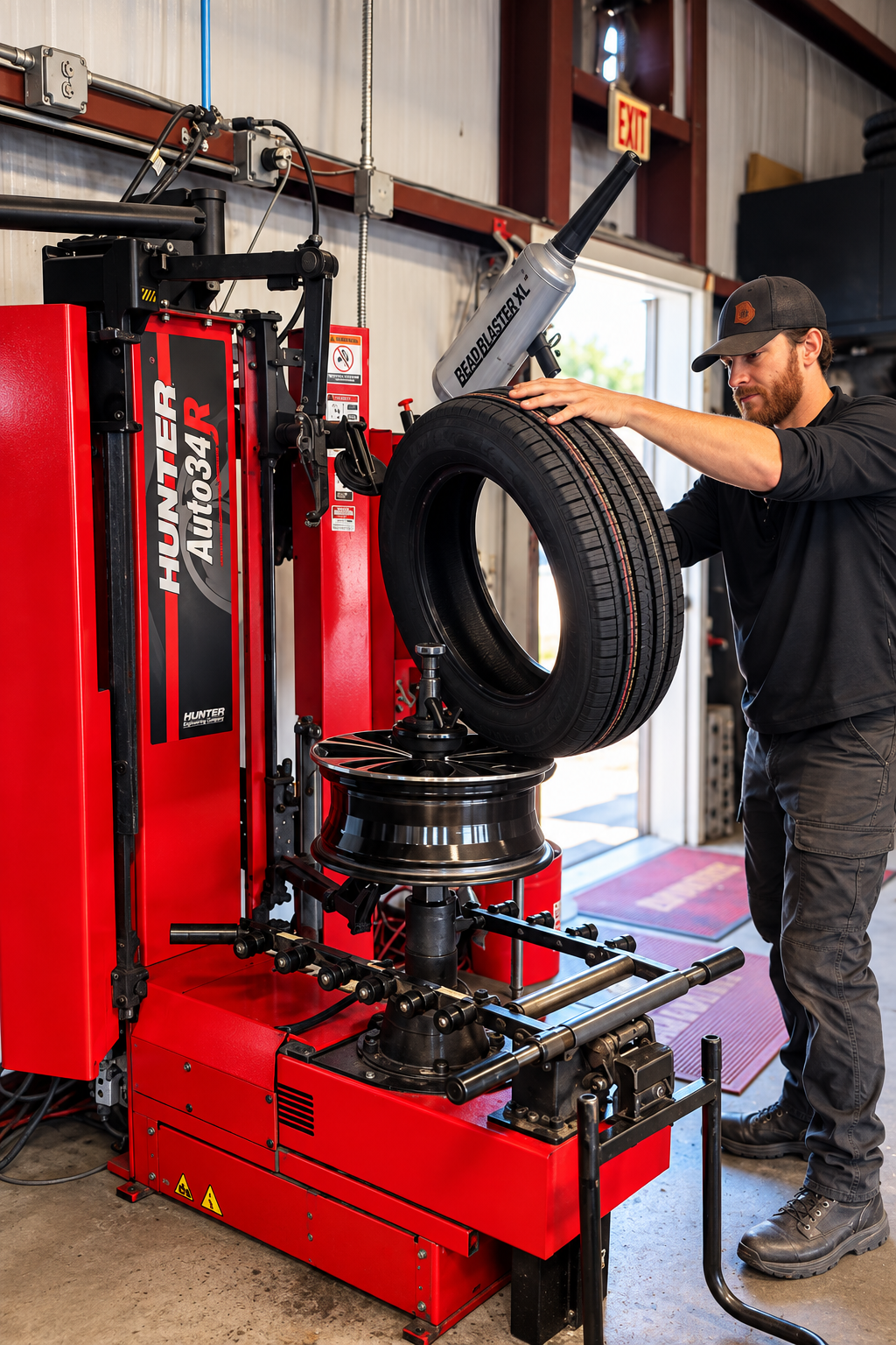 A mechanic is mounting a tire on a wheel using a bead blaster machine at a garage or tire shop.