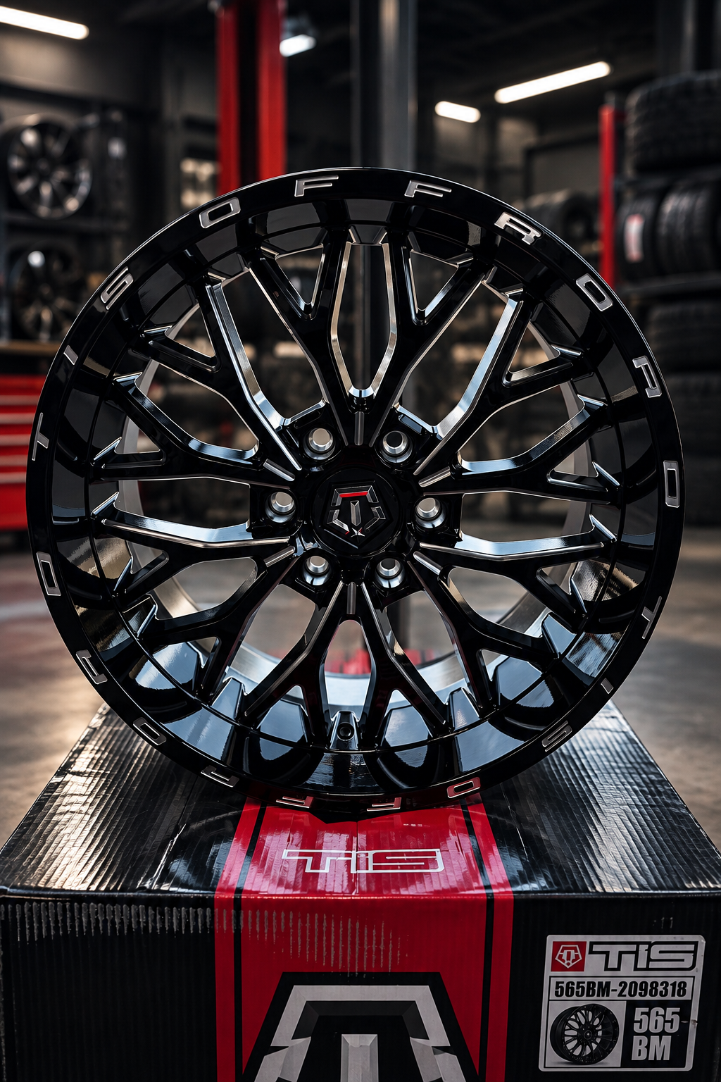 A black, intricate alloy wheel rim with the brand name 'TIS' engraved around the outer edge, displayed on a red and black box in a workshop or garage setting.