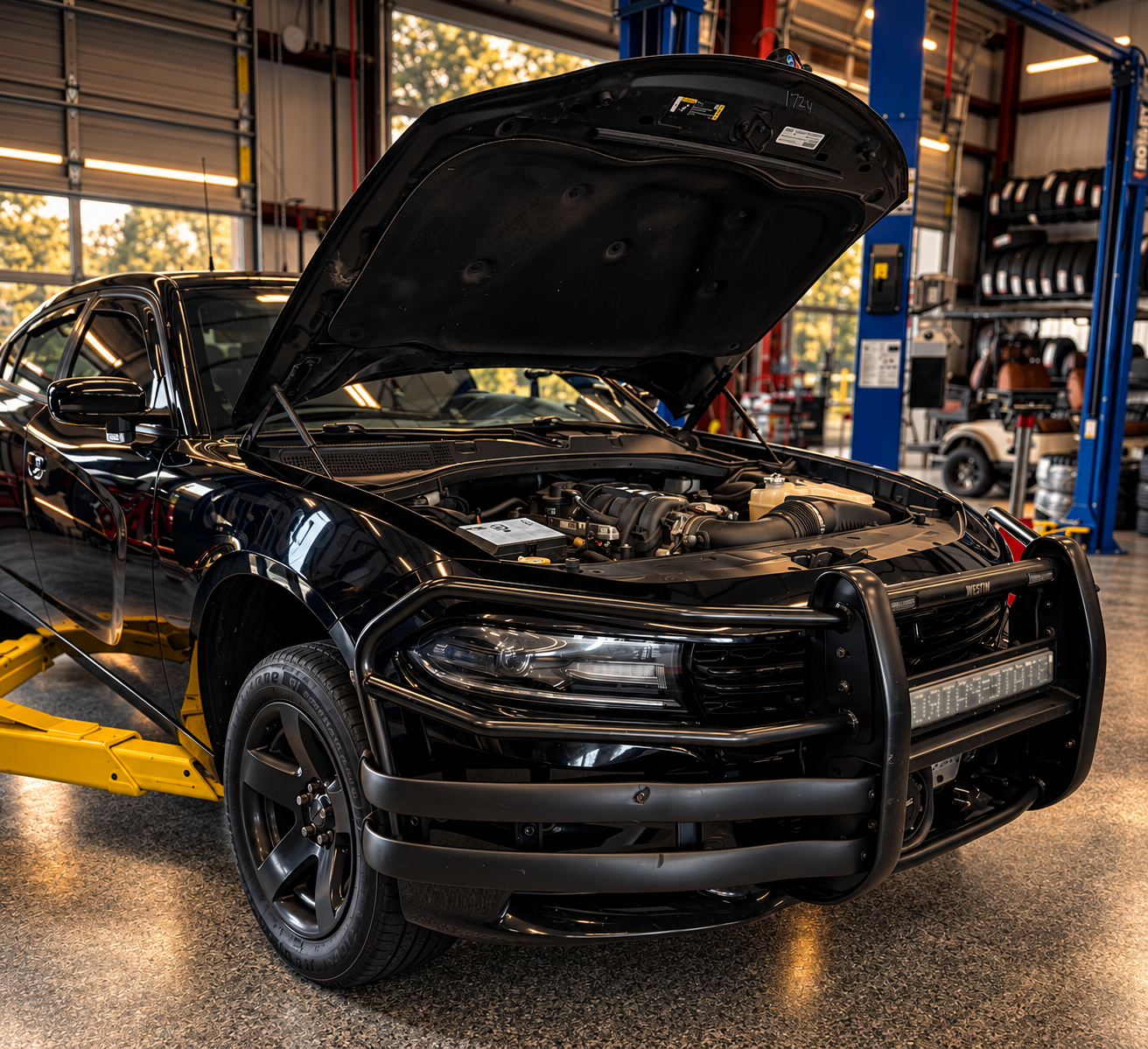 A black police car with its hood open inside a service garage, with a yellow jack stand visible underneath the vehicle. The garage has shelves with tires and other equipment in the background.