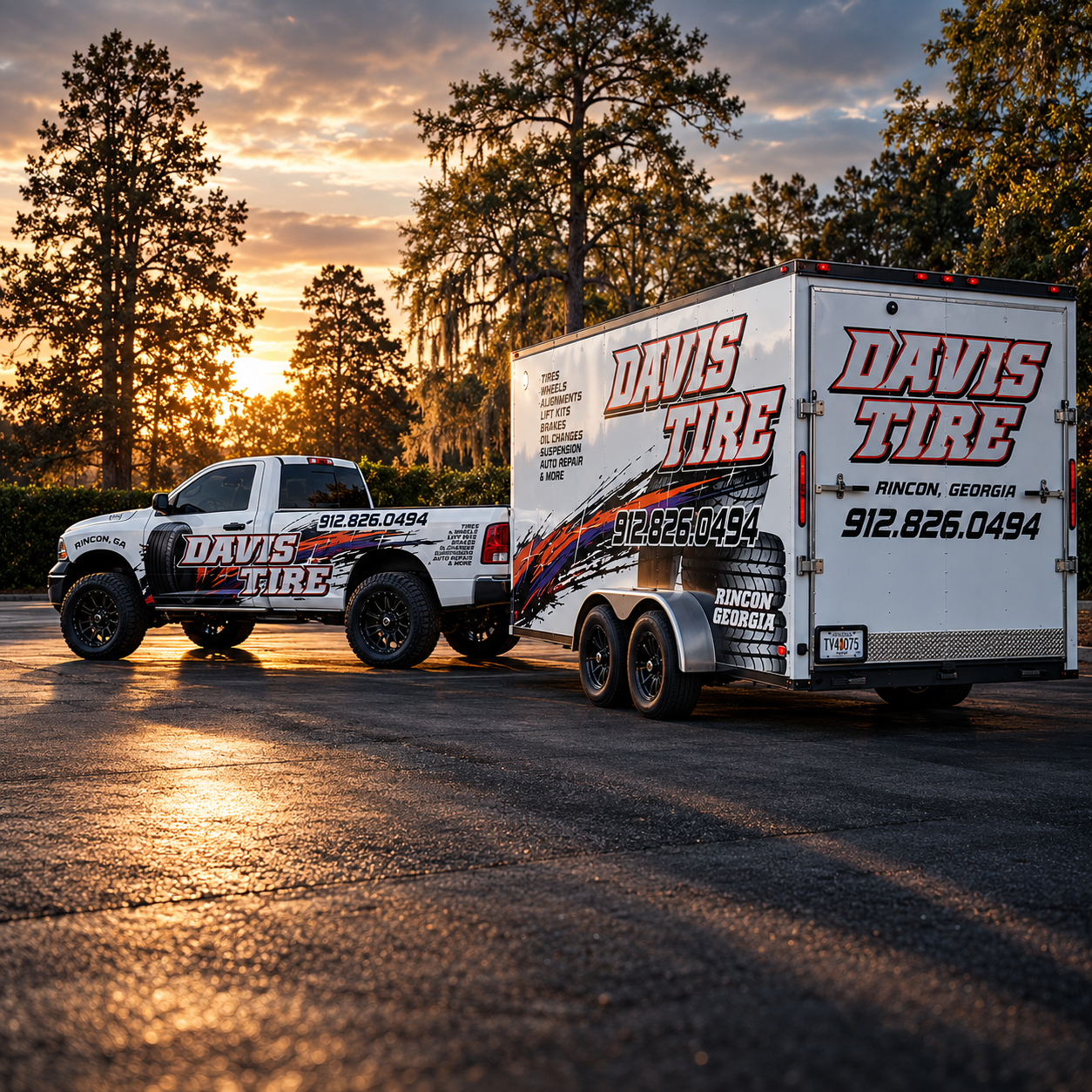 A white pickup truck and trailer parked on an asphalt lot at sunset, both branding for Davis Tire in Rincon, Georgia, with trees and a cloudy sky in the background.