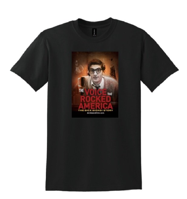 T-shirt featuring The Voice That Rocked America – The Dick Biondi Story, honoring legendary Chicago radio DJ Dick Biondi and his rock ’n’ roll legacy.