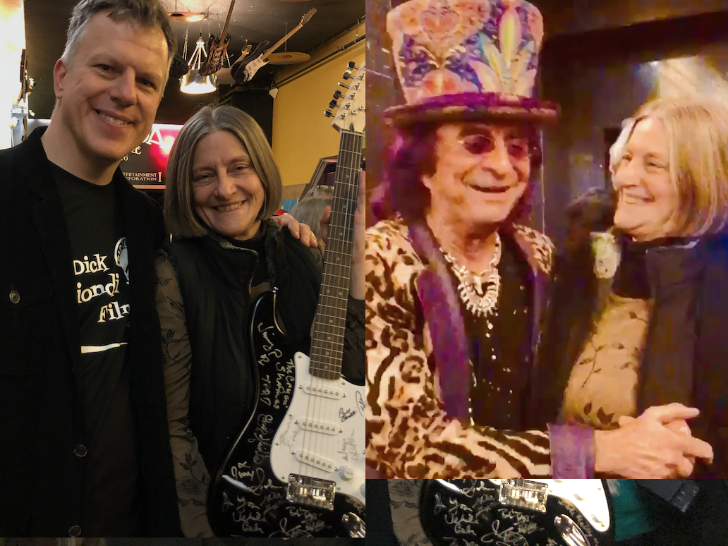 Welcome, Kathleen Konopasek, winner of Jim Peterik’s autographed guitar who is pictured with Joe Farina and Jimbo. Thanks, Kathleen for your generous support!