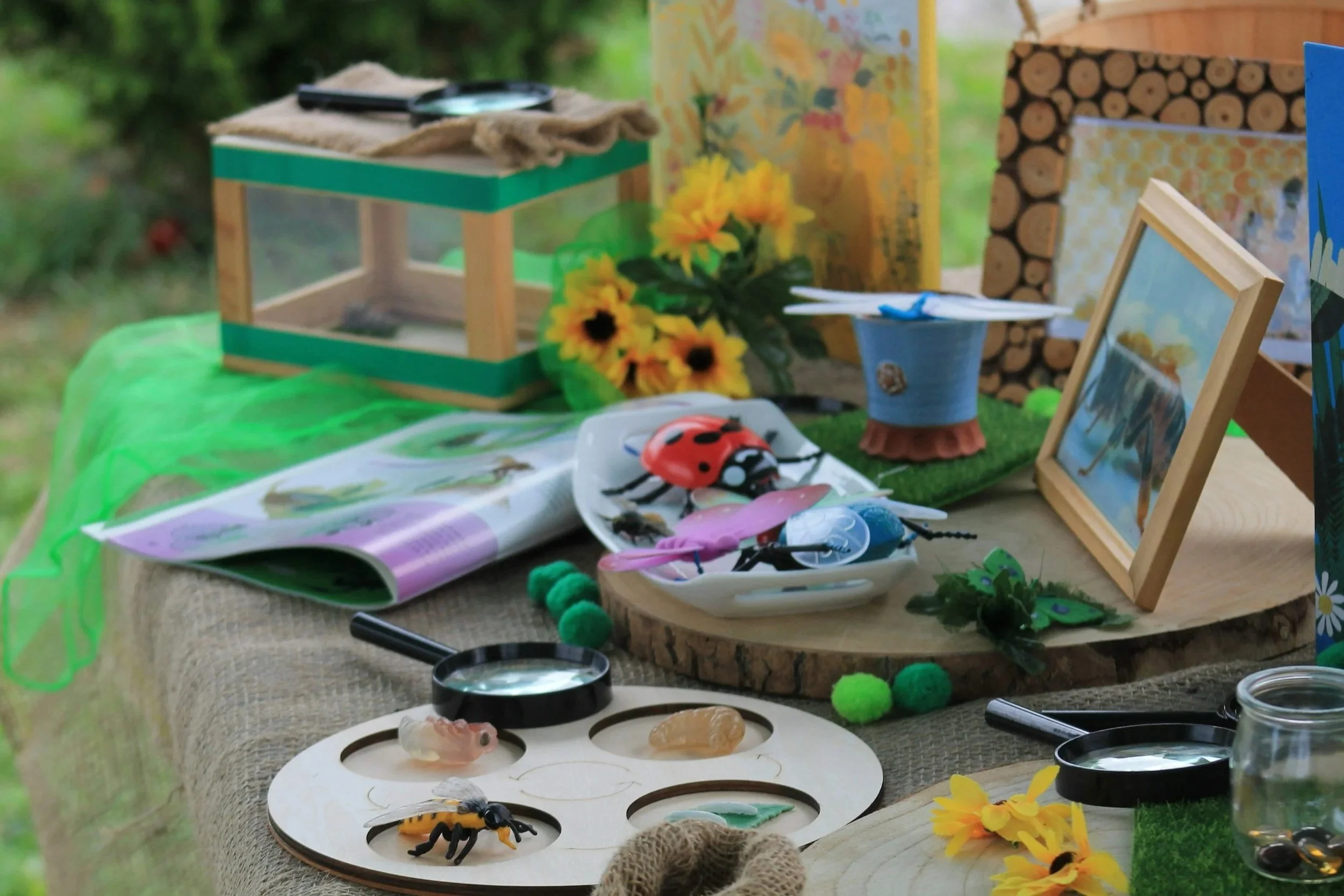 Display of children's toys, books, paintings, and craft supplies on a table outdoors, with a blurred background of greenery.