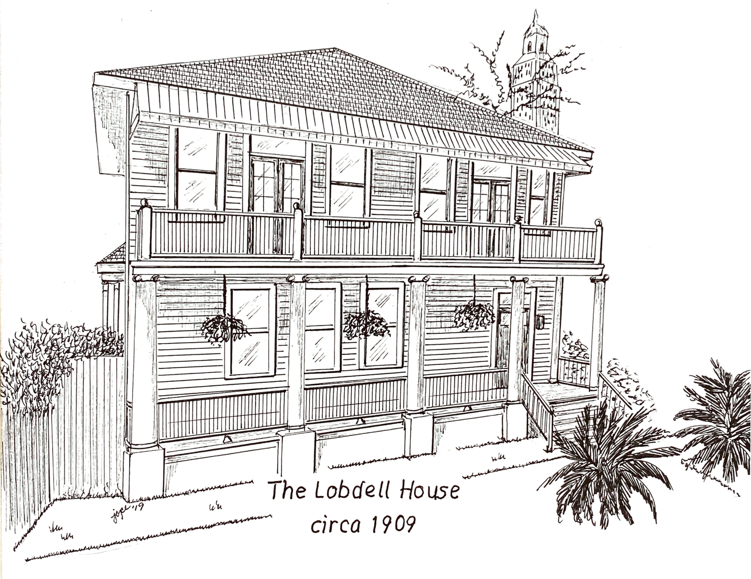 Line drawing of a two-story house labeled 'The Lobdell House circa 1909' with a roof, multiple windows, a balcony on the second floor, hanging plants, and surrounding trees.