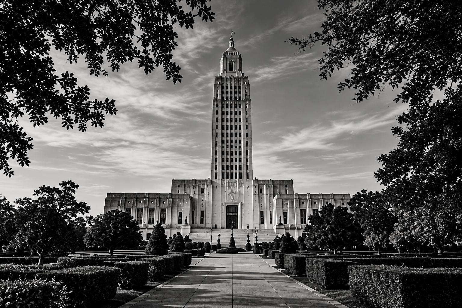 Black-and-white photo of a tall, historic building with a clock tower, viewed from the front with neatly trimmed bushes and trees in the foreground.